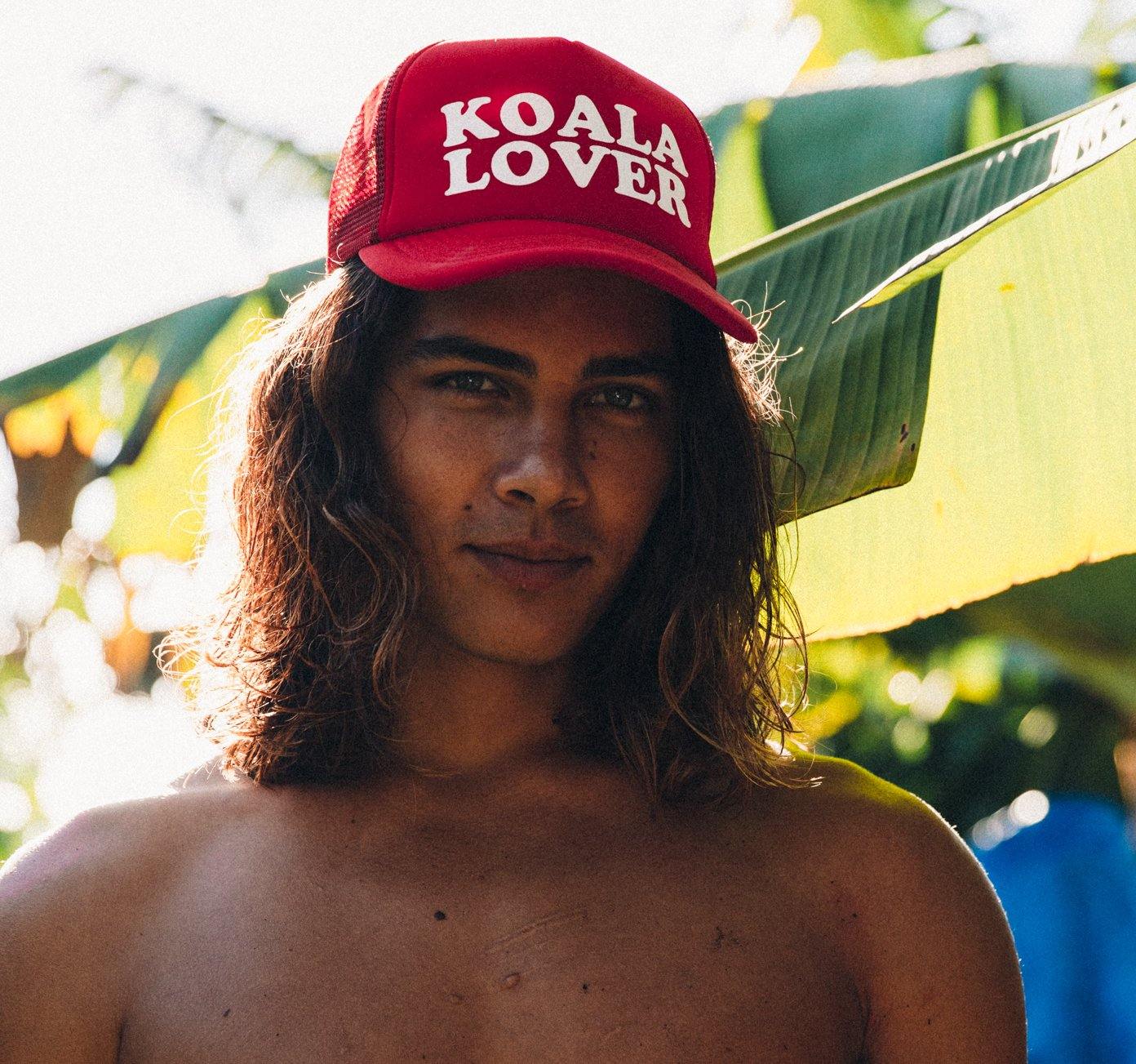 Aussie man wearing Koala Lover (Parrot red) high crown trucker cap with mesh back and snapback - Tropic Trucker Australia®