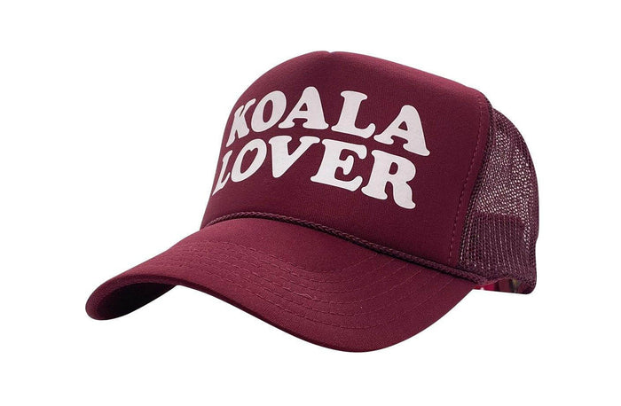 Koala Lover (Bottlebrush burgundy) high crown trucker cap with mesh back and snapback - Tropic Trucker Australia®